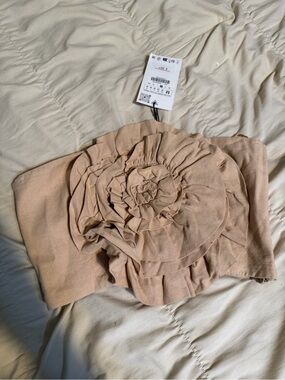 Zara Beige Strapless Bandeau Top with Rosette Detail